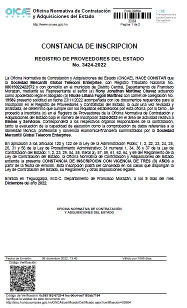 Certificación de Rony Martínez en ONCAE