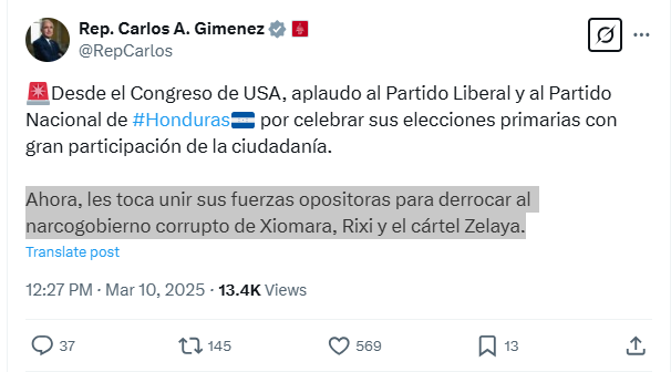 Congresista republicano invita a los hondureños a derrocar al gobierno en turno en las generales