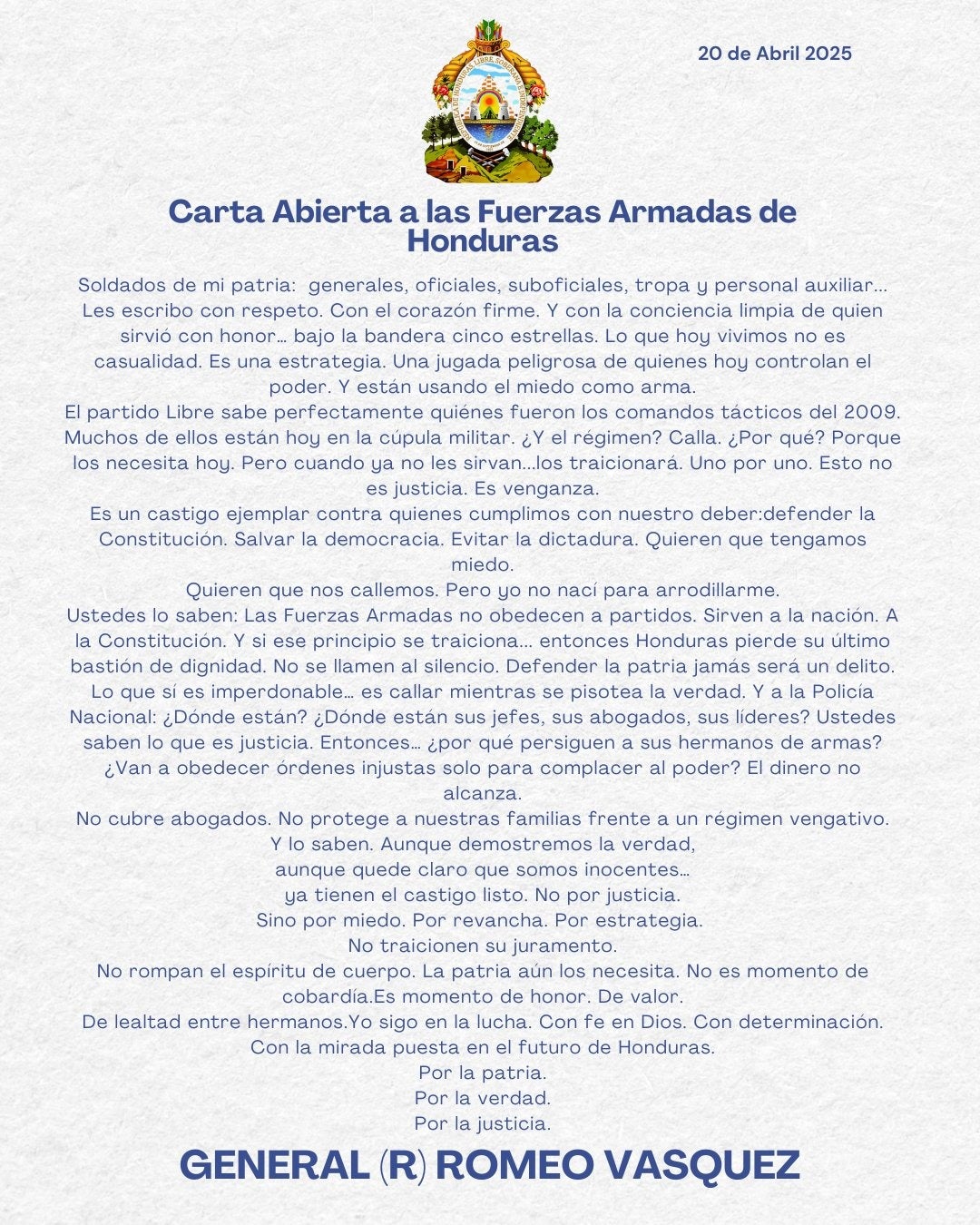 Romeo Vásquez mensaje FFAA