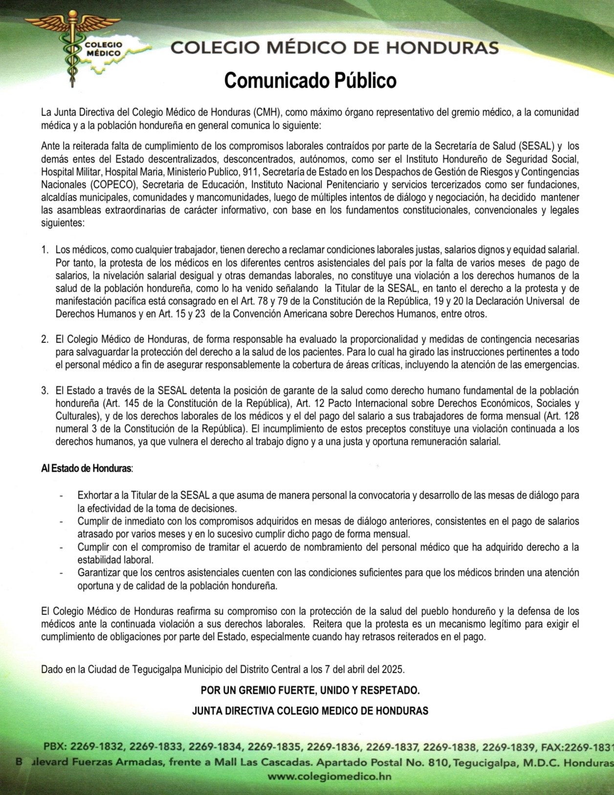 Comunicado emitido por el CMH