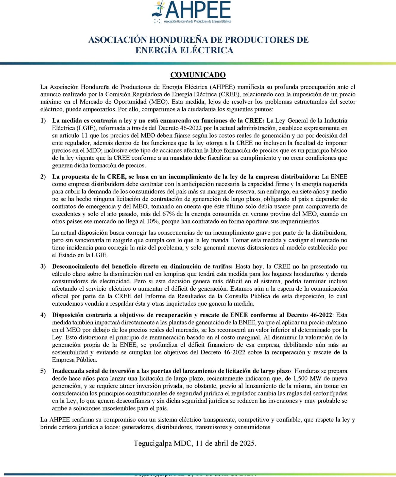 Comunidado de la AHPEE
