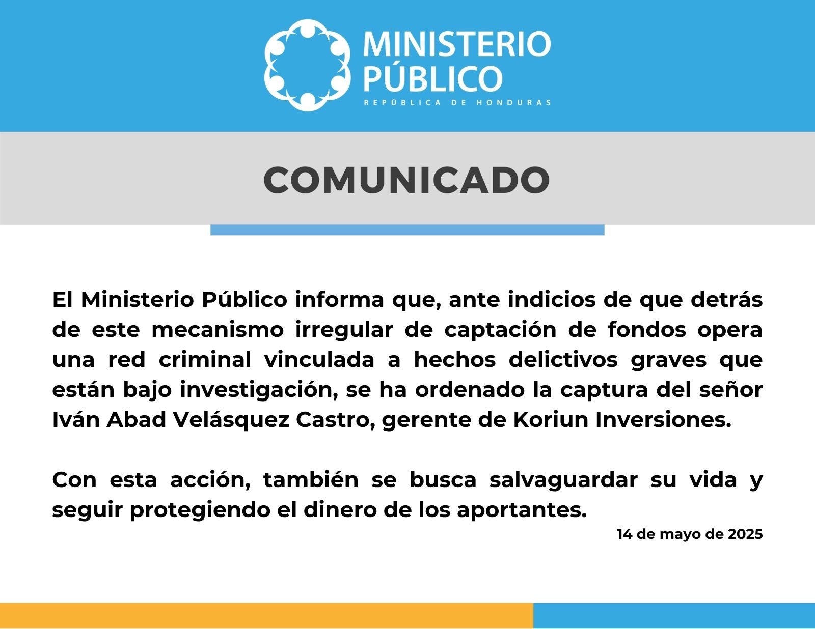 Comunicado del MP sobre orden de captura a Iván Velásquez.