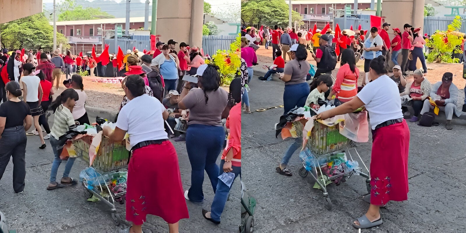 Niña conmueve al empujar la carreta de ventas junto a su madre en el Día del Trabajador