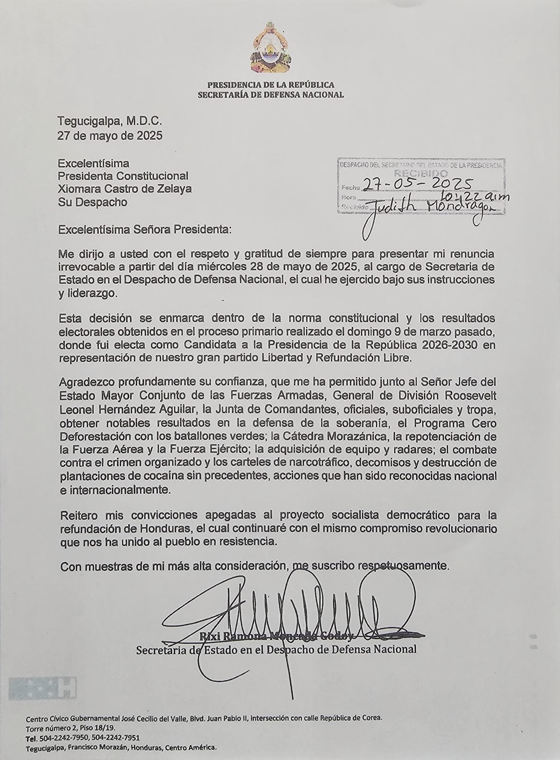 Rixi Moncada renuncia 