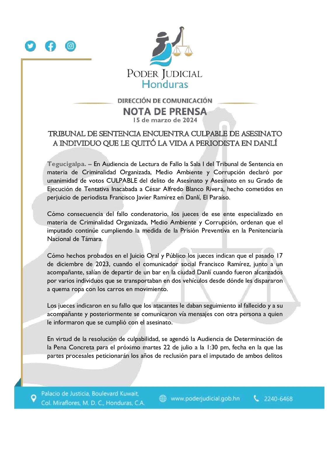 Tribunal condena responsable periodista Francisco Ramírez
