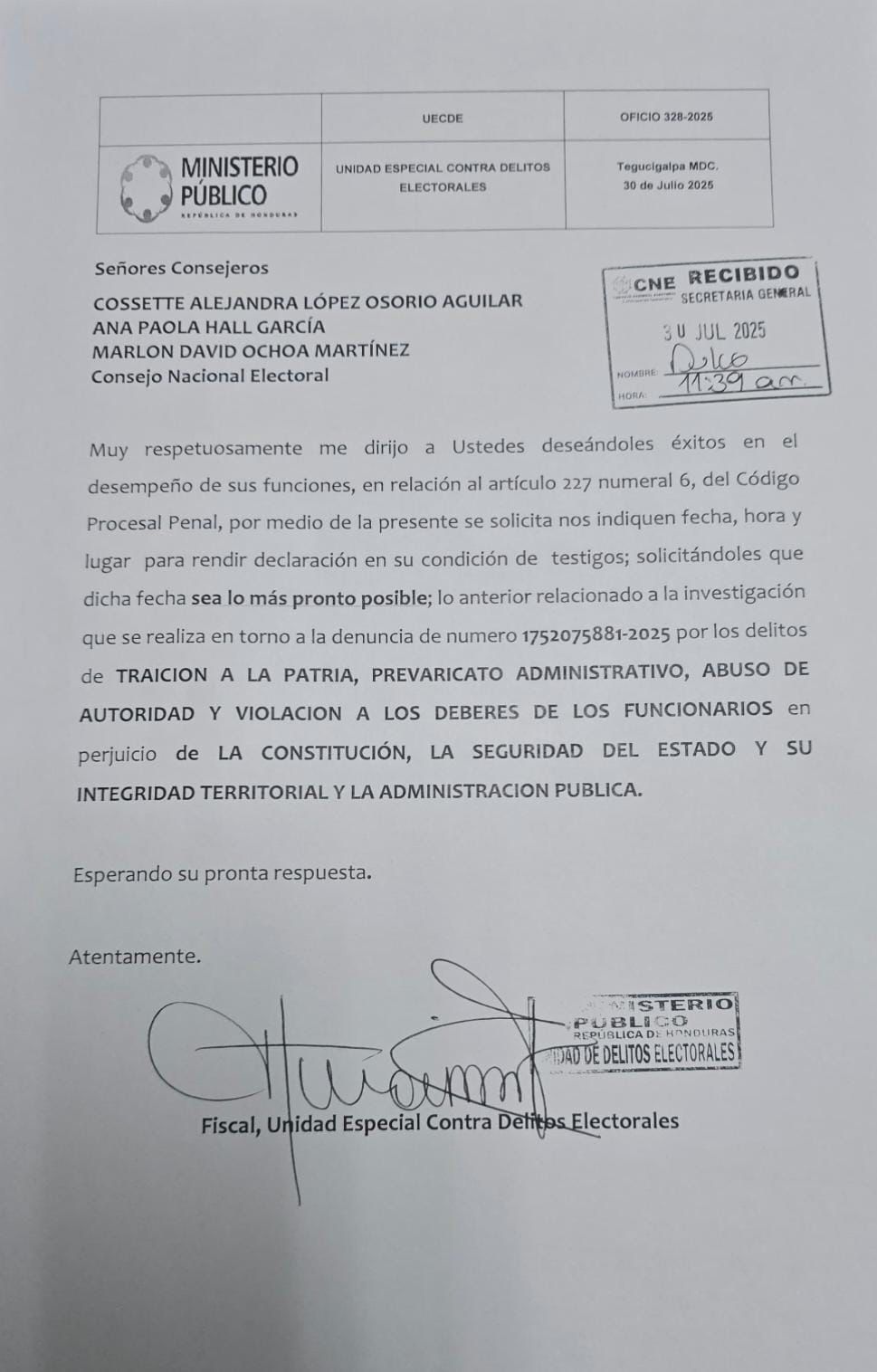 Citación del MP a consejeros