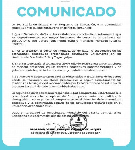 Suspende clases presenciales en TGU y SPS por repunte de COVID-19