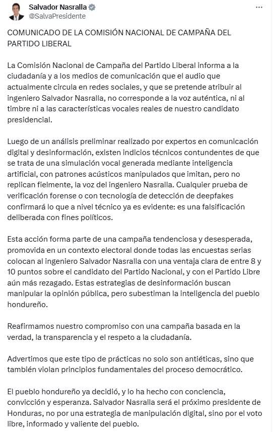 Nasralla desmiente audio viral y denuncia manipulación con inteligencia artificial