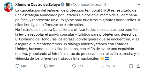 Xiomara Castro sobre el TPS en X