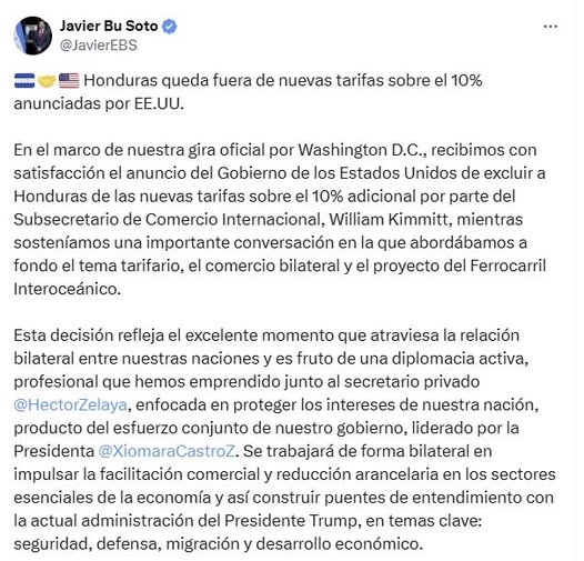 Honduras queda fuera de aranceles del 10 % anunciados por EE. UU.
