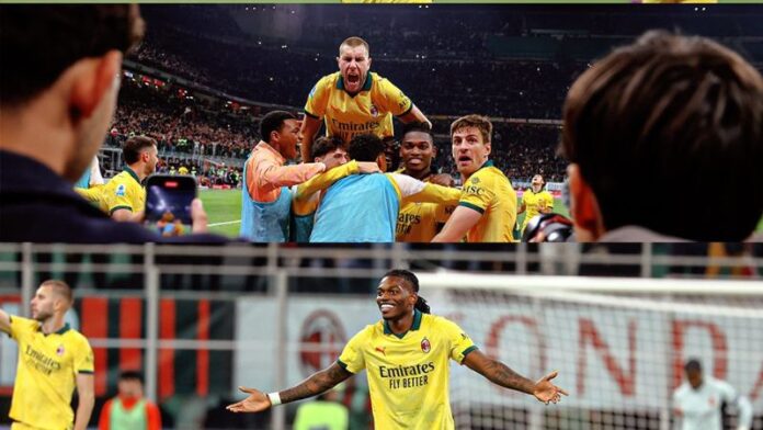 Los jugadores del AC Milan celebran el triunfo de 2-1 sobre la Fiorentina, que les permite alcanzar el liderato de la Serie A de Italia.