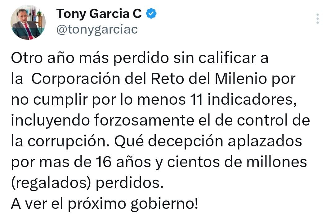 "Otro año más perdido": García tras exclusión de Honduras de la Cuenta del Milenio