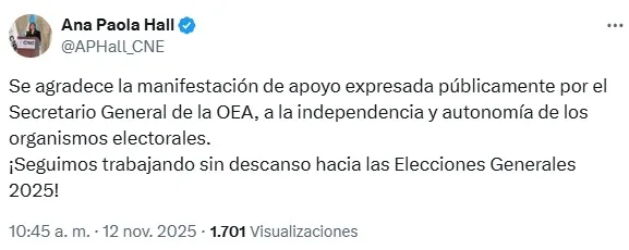 Consejera presidenta del CNE agradece respaldo de la OEA previo a elecciones
