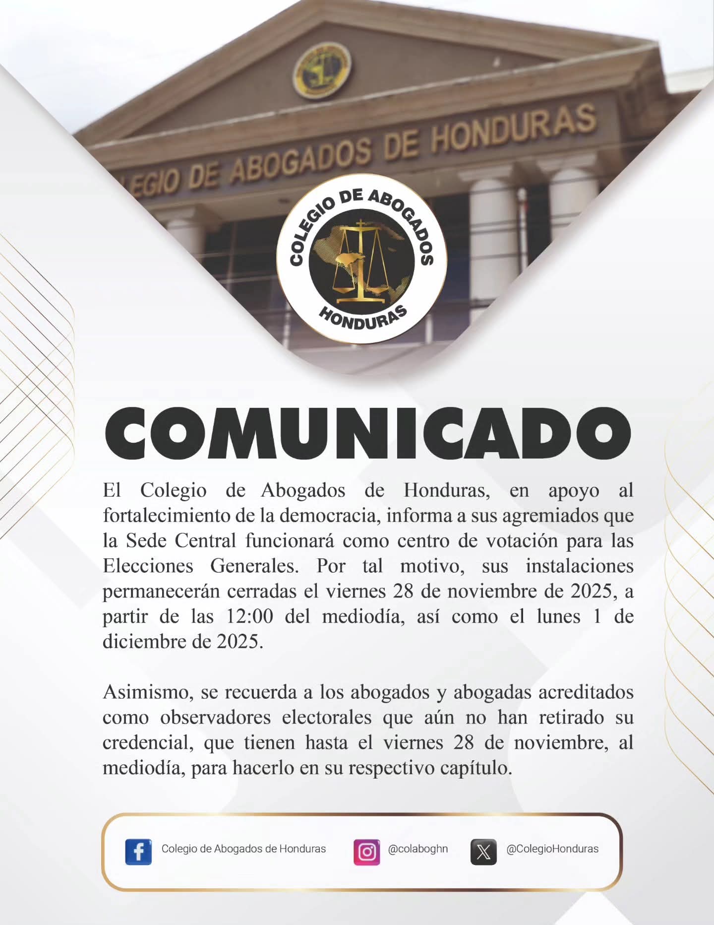 Sede del Colegio de Abogados de Honduras funcionará como centro de votación