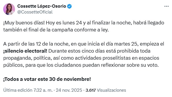 "Está prohibida toda propaganda política": Cossette López tras inicio de silencio electoral