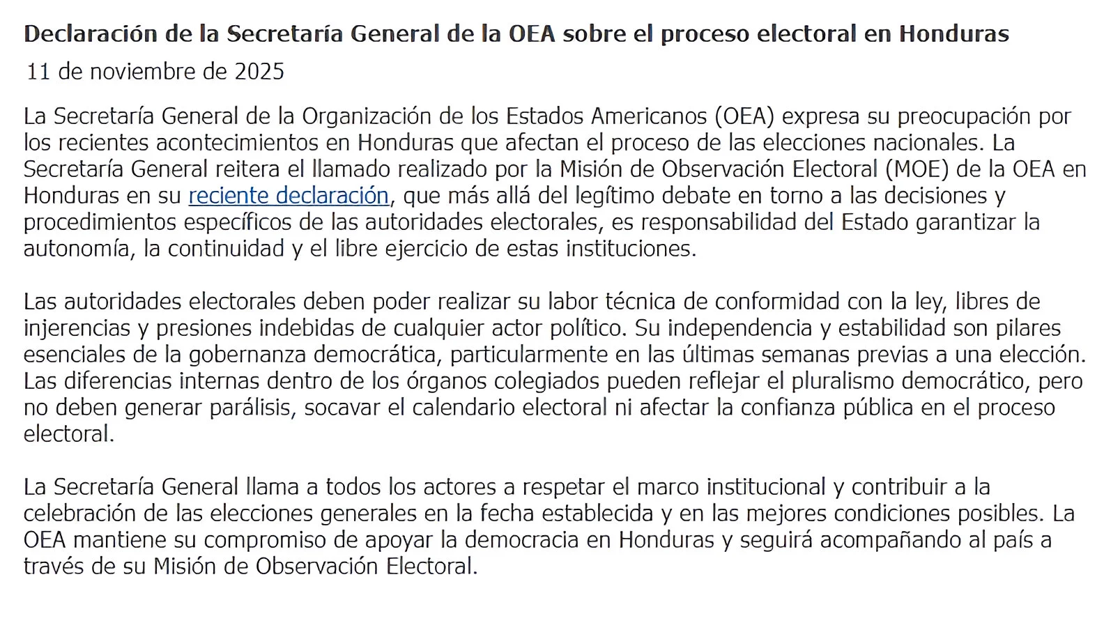 Declaración de la OEA sobre elecciones en Honduras.
