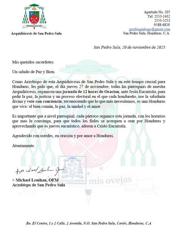 Católicos en San Pedro Sula convocan jornada de oración por proceso electoral