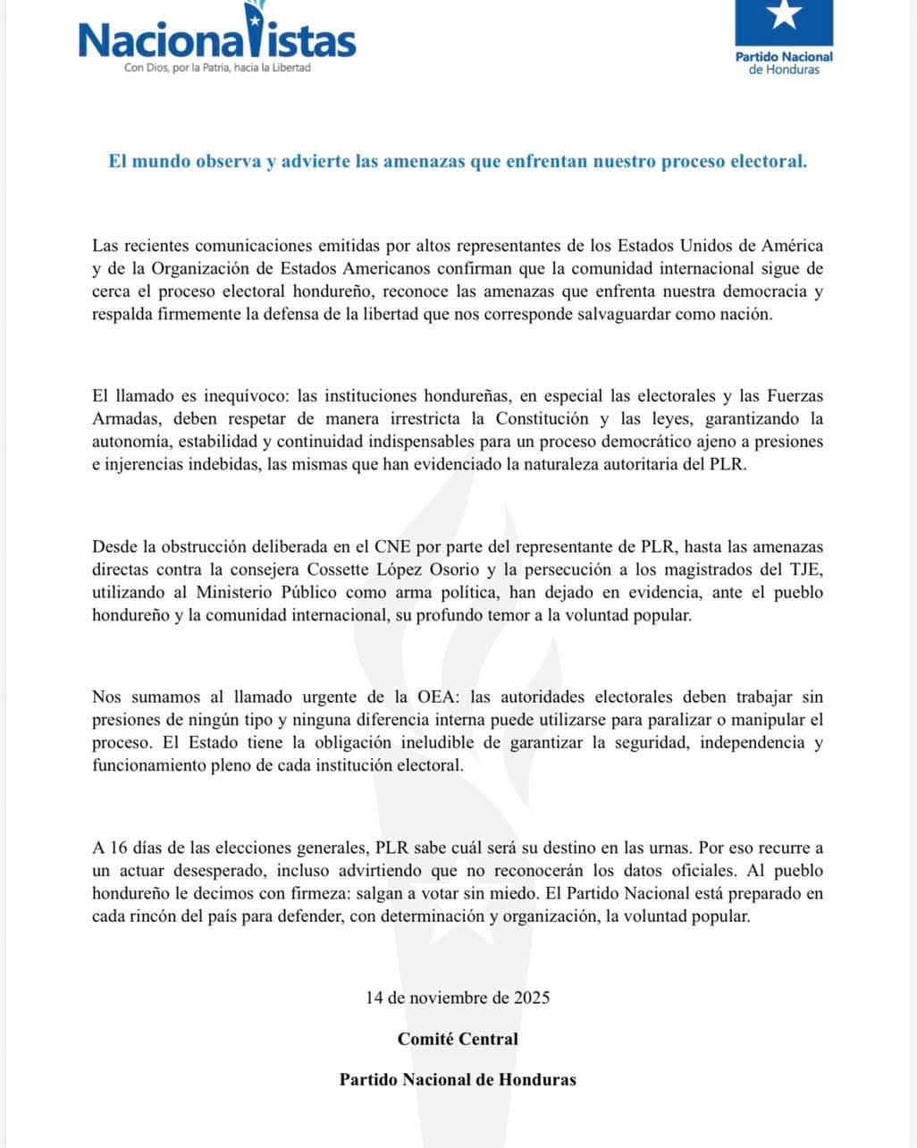 El mundo observa: Partido Nacional tras postura de EE. UU. y OEA