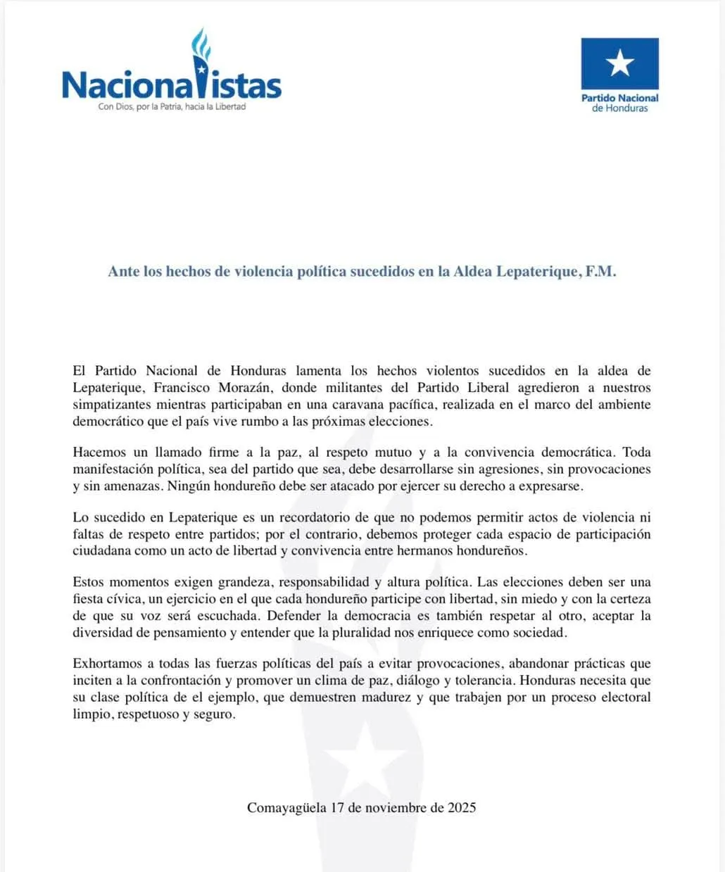 Partido Nacional hace un "llamado a la paz" tras casos de violencia política