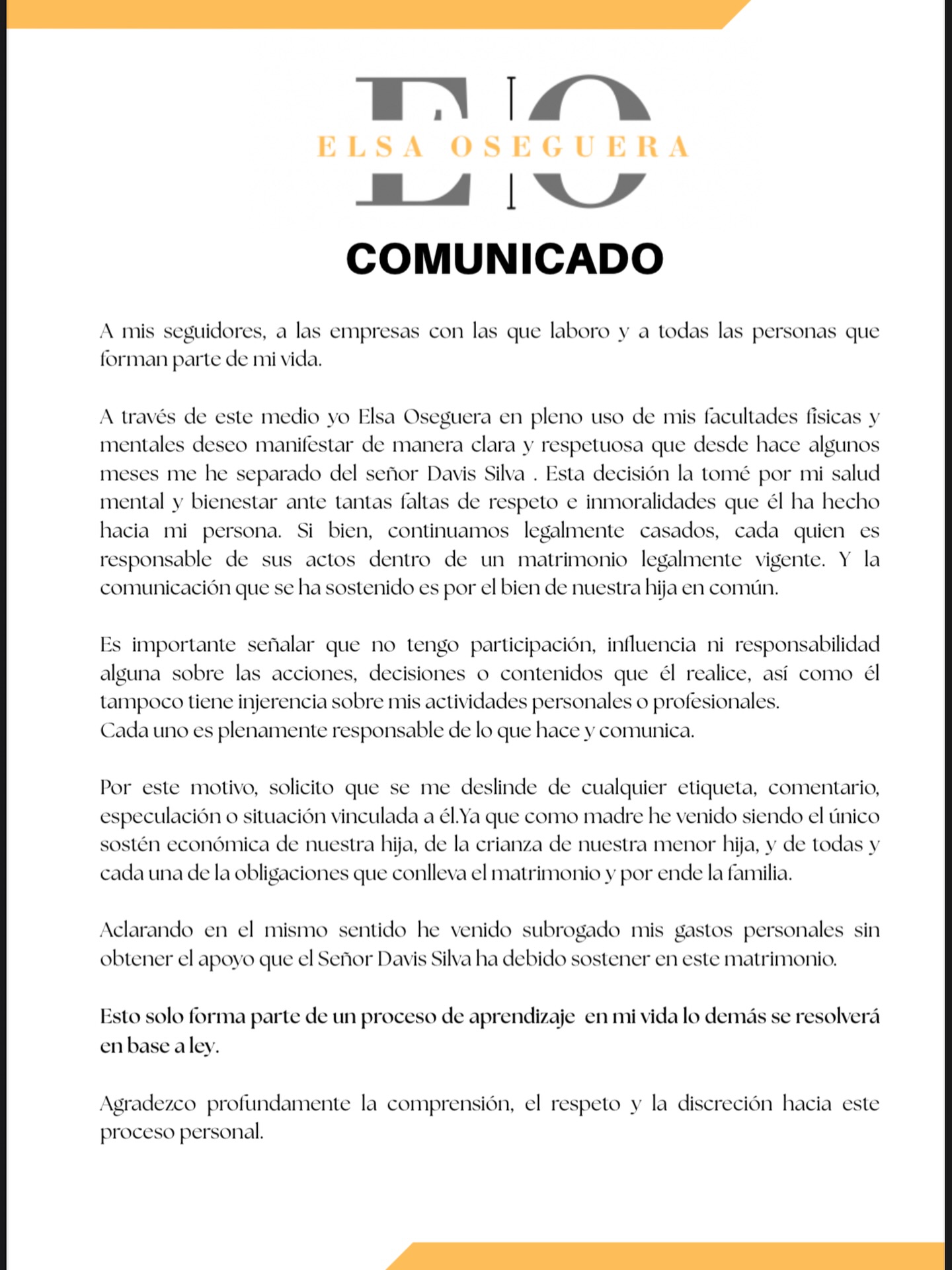 Comunicado de Elsa Oseguera.