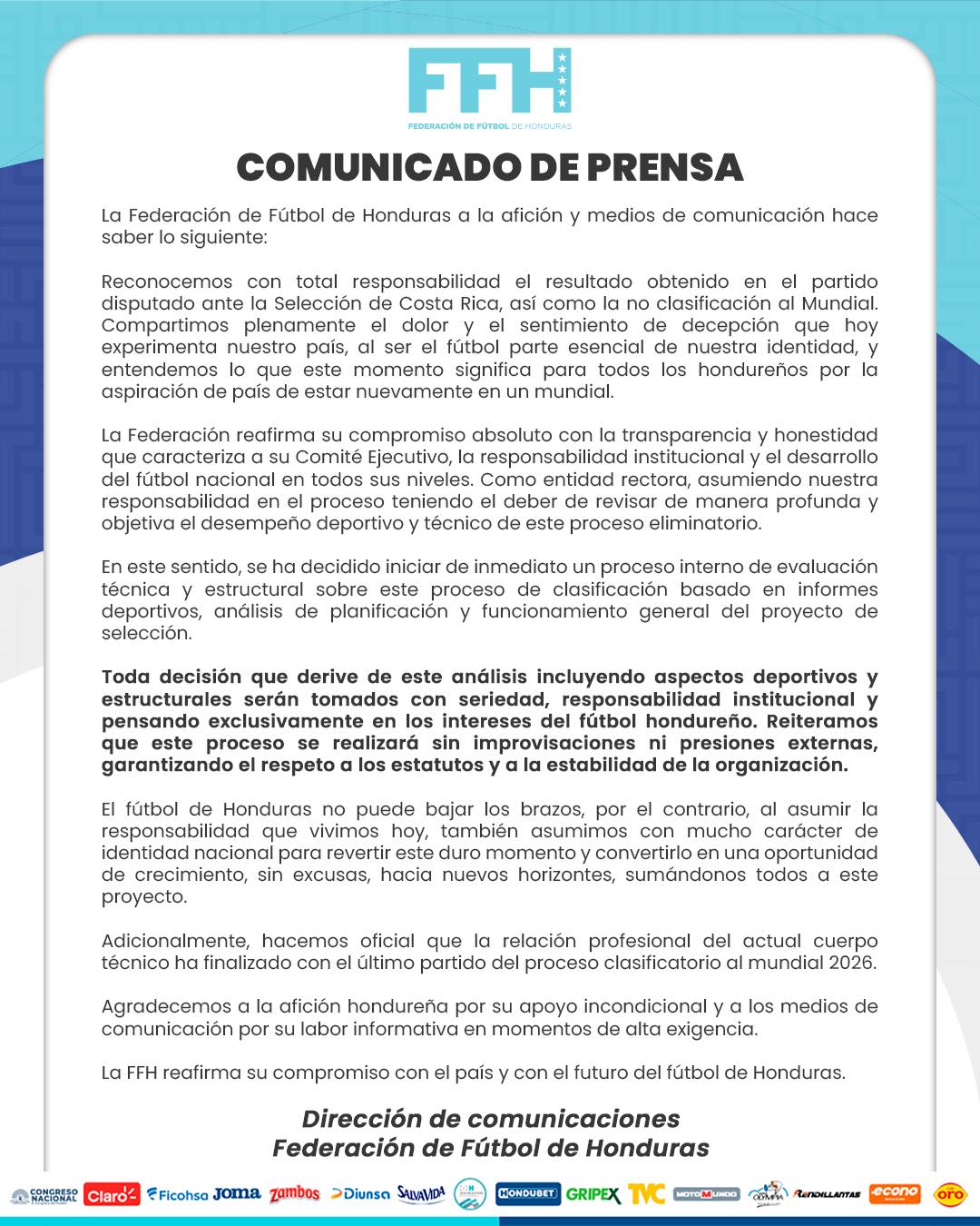 Este es el comunicado que publicaron los dirigentes de la Federación de Fútbol de Honduras (FFH).