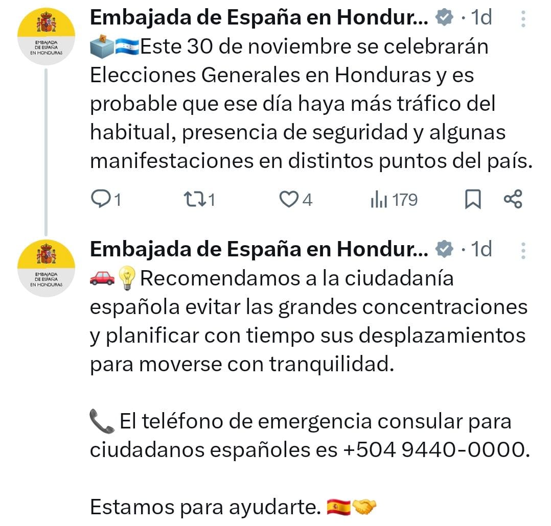 Embajada de España alerta sobre disturbios en elecciones de Honduras