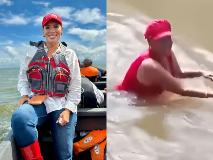 Diputada Erika Urtecho cruzando río