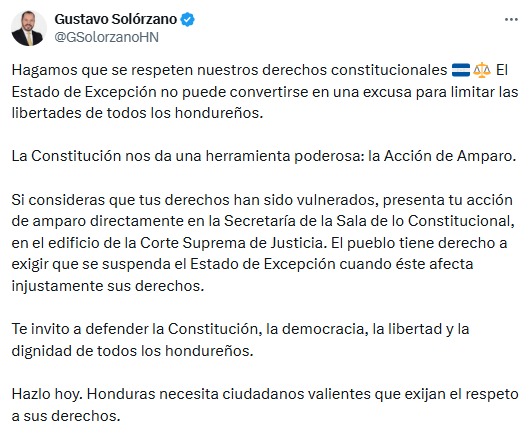 "Hagamos que se respeten nuestros derechos": Solórzano sobre estado de excepción