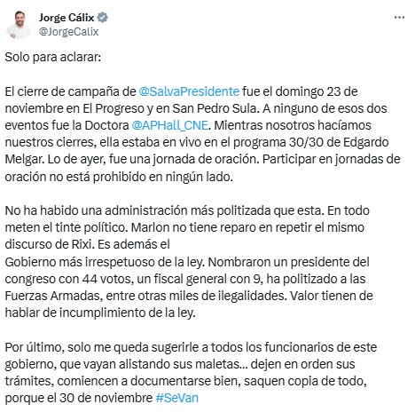 "Participar en jornadas de oración no está prohibido en ningún lado": Jorge Cálix