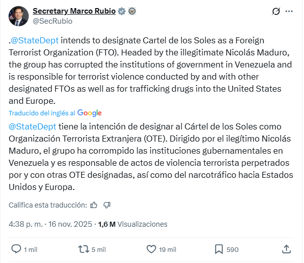 MARCO RUBIO EN X CARTEL DE LOS SOLES