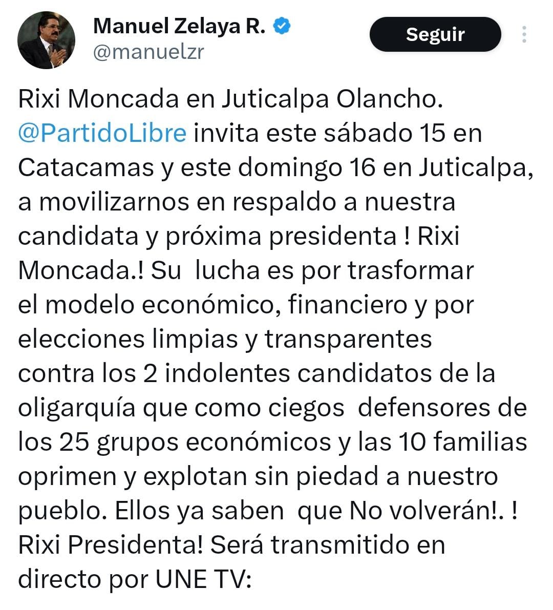 Libre convoca a movilizaciones en Olancho en respaldo a Rixi Moncada