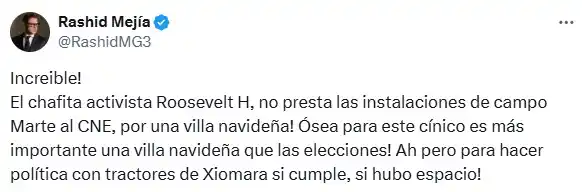"Es más importante una villa navideña que las elecciones": Rashid Mejía cuestiona negativa de las FFAA