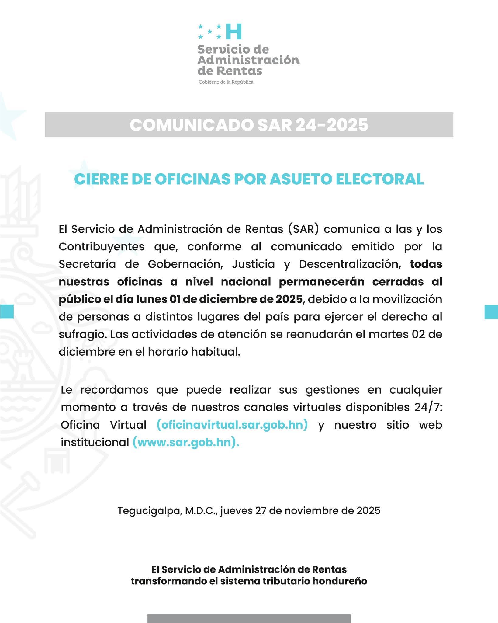 SAR anuncia cierre de todas sus oficinas por asueto electoral