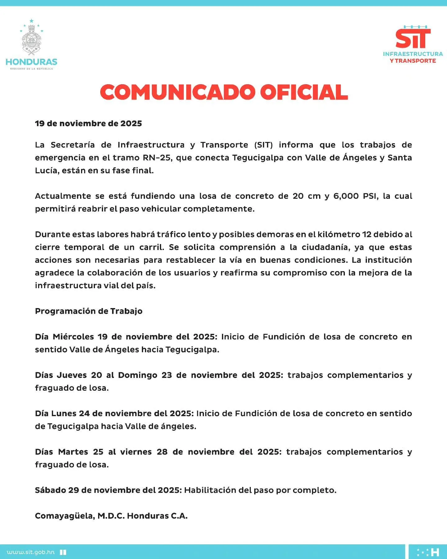 SIT anuncia fase final de reparación en la carretera a Valle de Ángeles