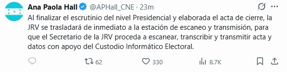JRV debe transmitir actas de inmediato tras escrutinio, recuerda Ana Paola Hall