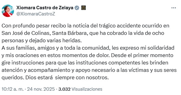 "Con profundo pesar recibo la noticia": Xiomara Castro tras accidente en Santa Bárbara
