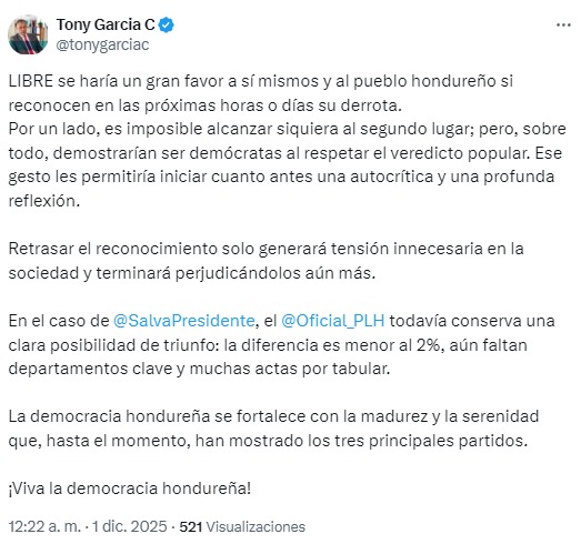 "Libre se haría un favor si reconoce su derrota": ex vicecanciller hondureño