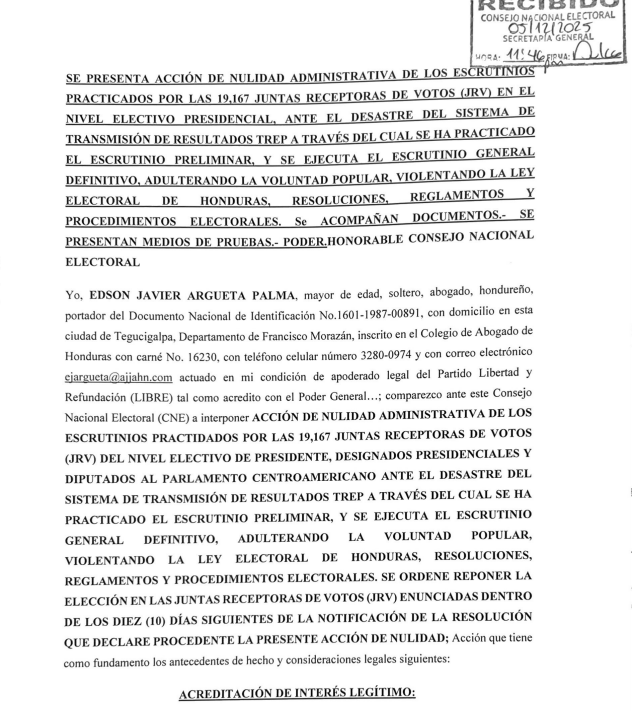 Acción de nulidad del Partido Libre