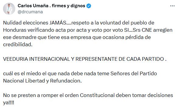 Nulidad de elecciones jamás: Carlos Umaña se opone a petición de Libre