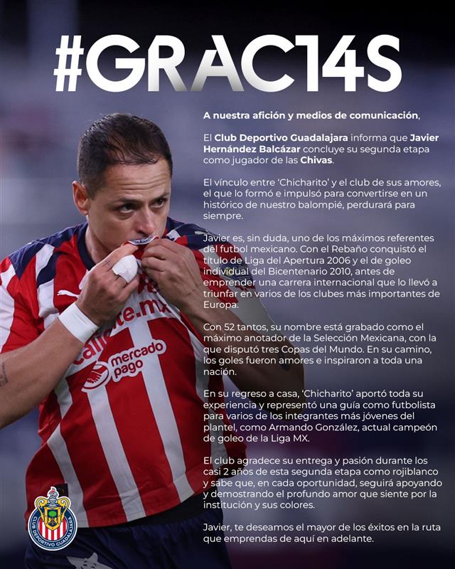 Así despide Chivas de Guadalajara al delantero, Javier "Chicharito" Hernández.