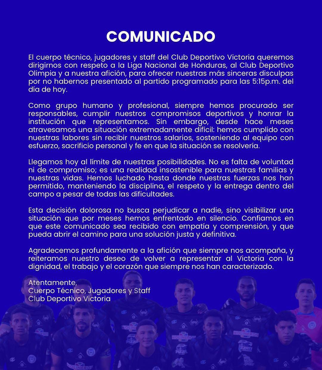 Este es el comunicado emitido por jugadores y cuerpo técnico de Victoria.
