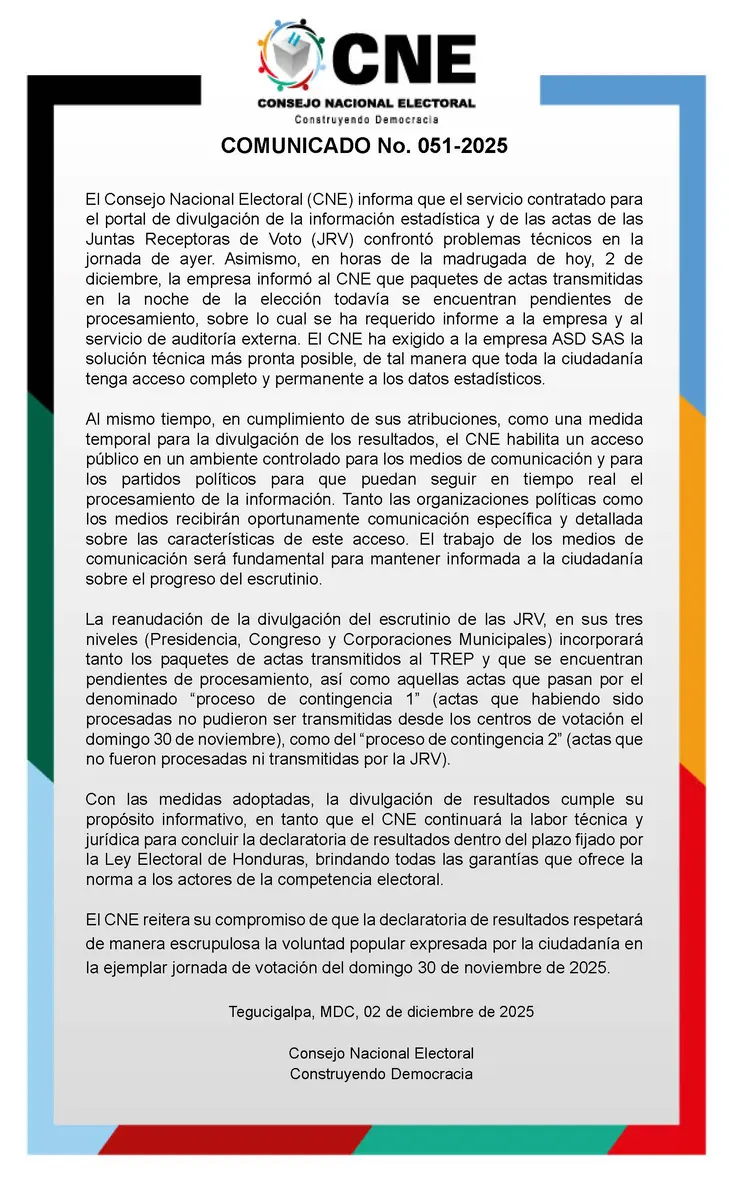 CNE confirma problemas técnicos en la transmisión de resultados