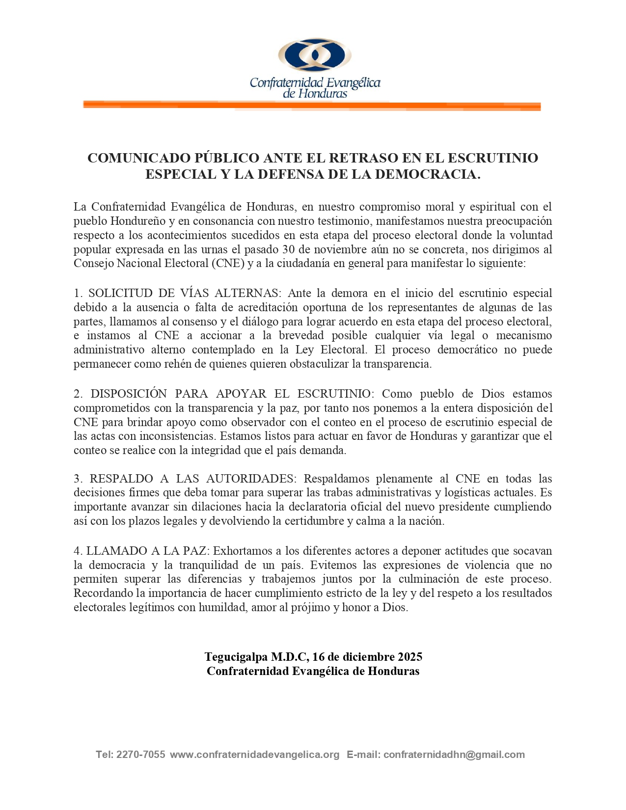 Comunicado de la Confraternidad Evangélica