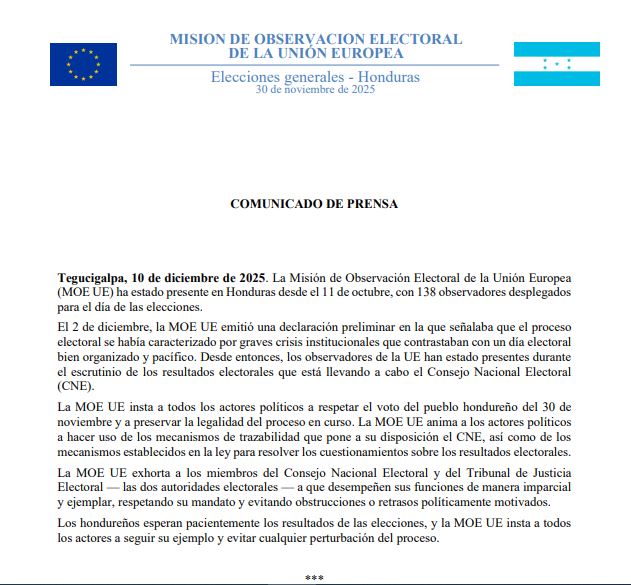 Comunicado de la MOE UE