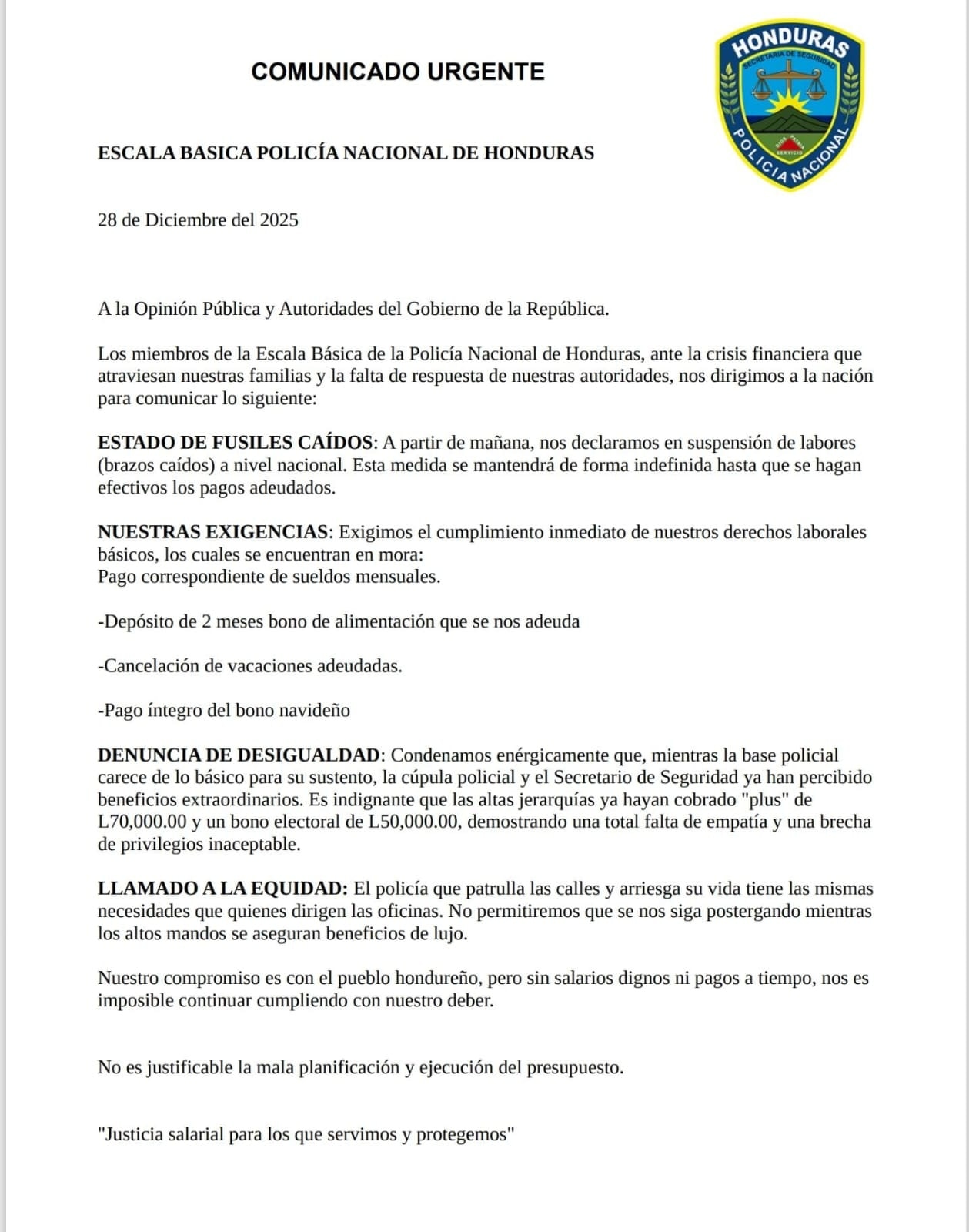 Comunicado de la escala básica de la Policía Nacional