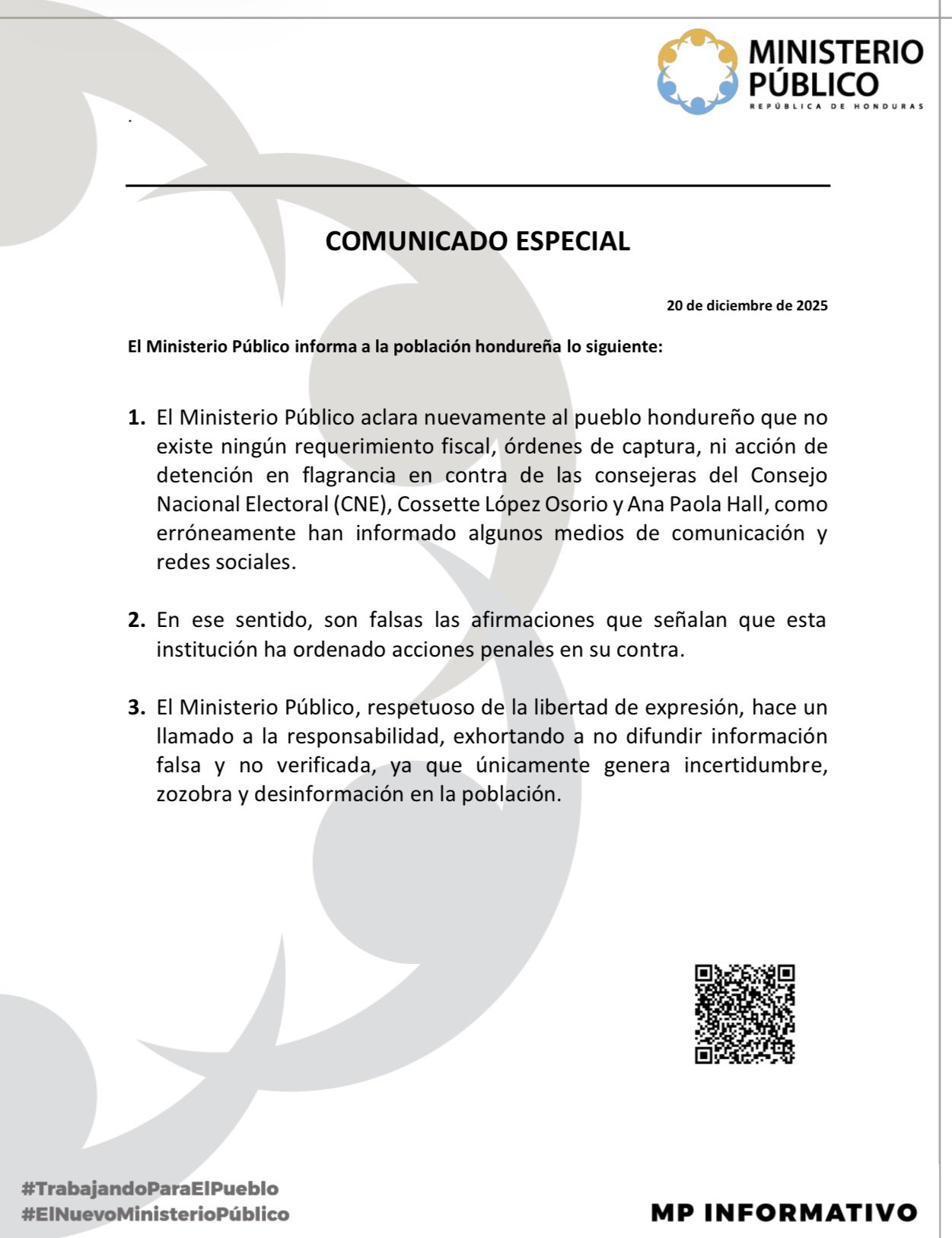 Comunicado del MP.