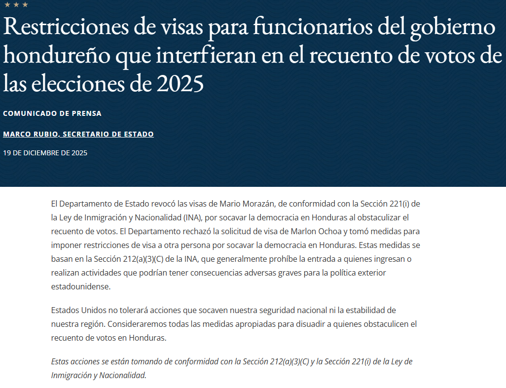 EEUU anuncia revocación de Visas