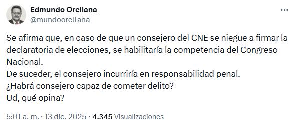 Orellana: negativa a firmar declaratoria de elecciones podría constituir delito penal