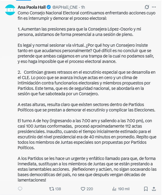 Escrito de Ana Paola Hall en X