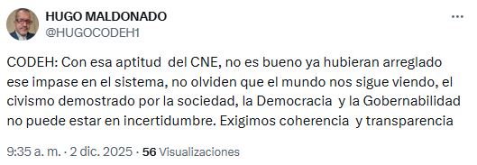 "Ya hubieran arreglado ese impase": CODEH critica retrasos del CNE